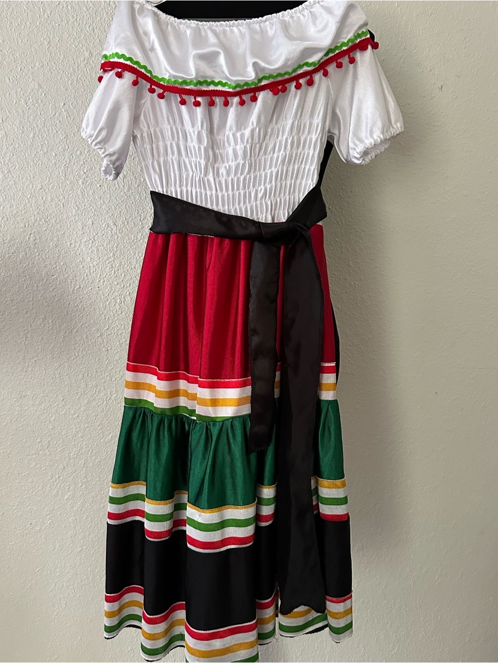 Festive Red, Green & White Off-Shoulder Mexican Style Dress with Black Sash
